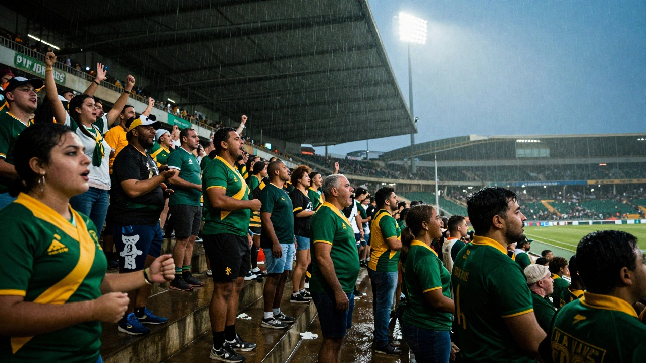 Passionate Springboks fans cheering in rain-soaked Ellis Park stadium, Johannesburg.