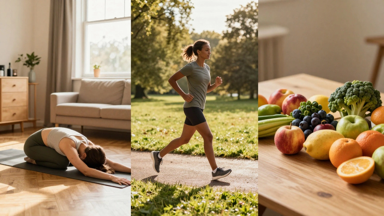 People engaging in yoga, jogging, and eating healthy food for balanced fitness.