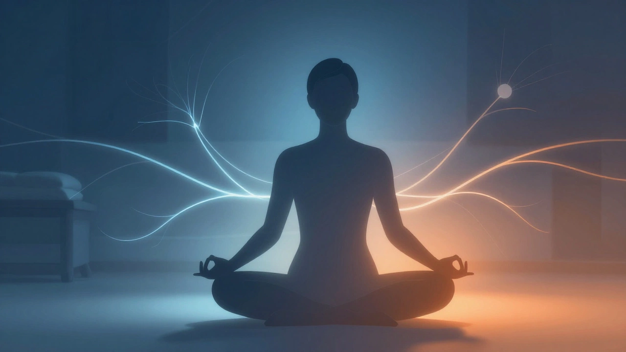 Person meditating with abstract lights showing mental and physical recovery