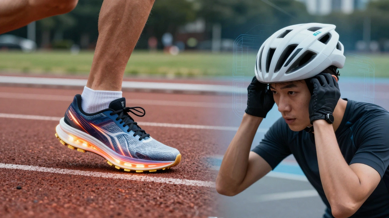 Runner's shoe and cyclist's helmet illustrating performance vs protection