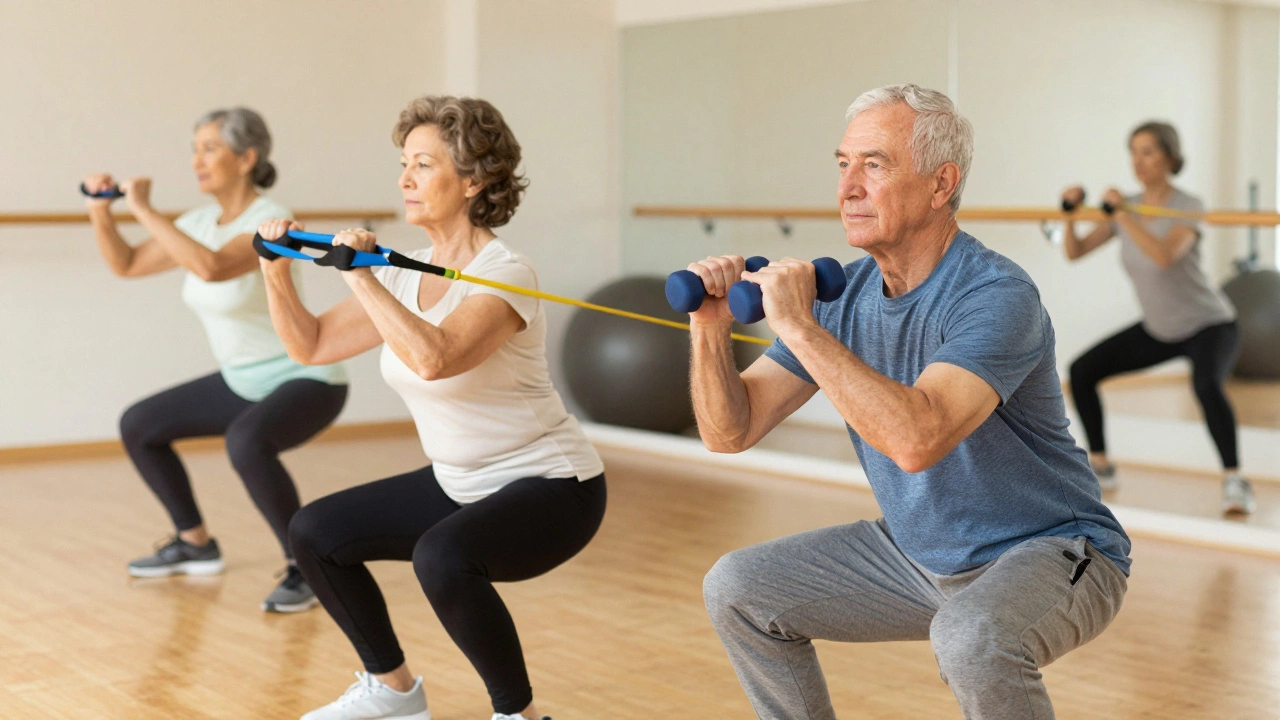 Senior couple doing light resistance training and balance exercises