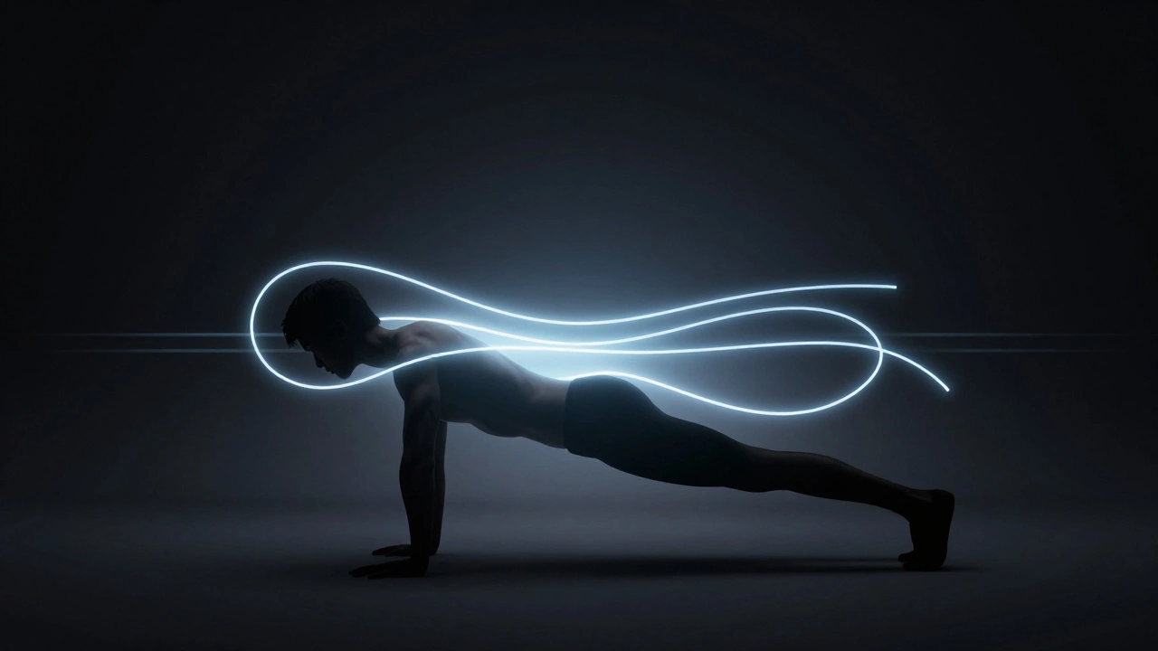 Silhouette holding plank pose with glowing core lines