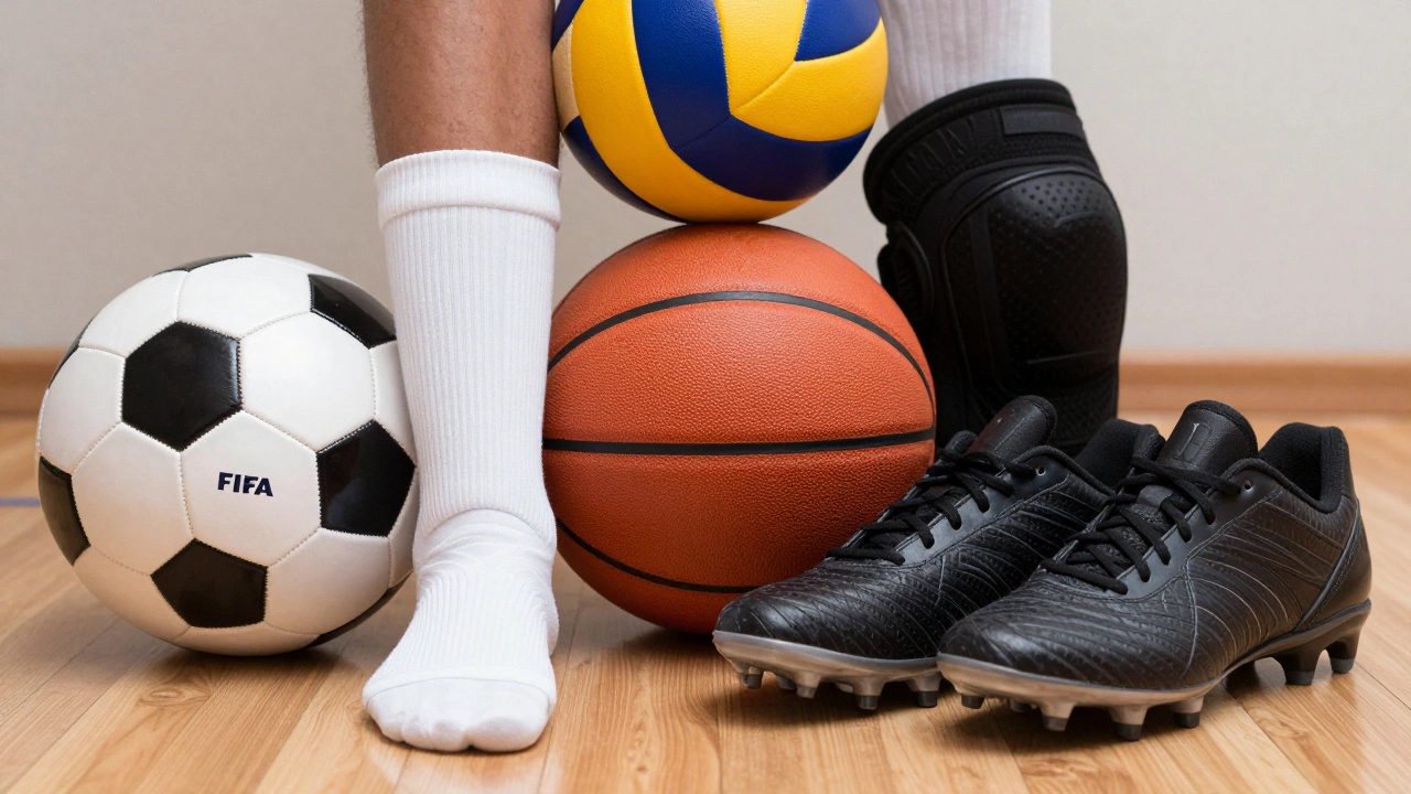 Soccer ball, shin guards, cleats, basketball, and court shoes on a wooden floor.