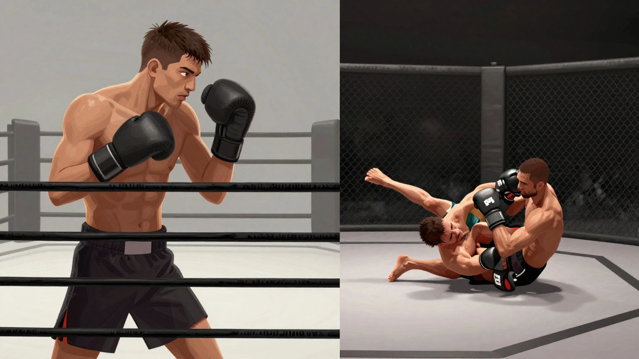 Split image showing a boxer in a ring versus an MMA fighter in an Octagon highlighting sport differences.