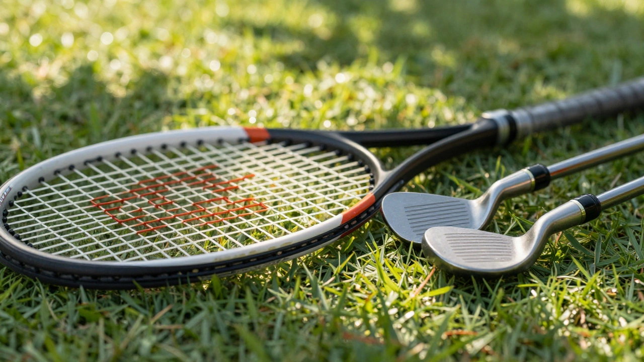 Tennis racket and golf clubs resting on grass with sunlight filtering through leaves.