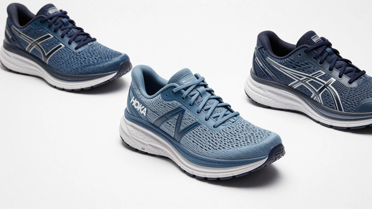 Three models of comfortable running shoes displayed on white surface