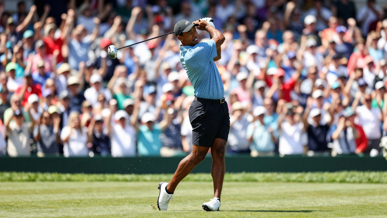 Tiger Woods mid-swing with a large crowd in the background, showcasing athletic power.
