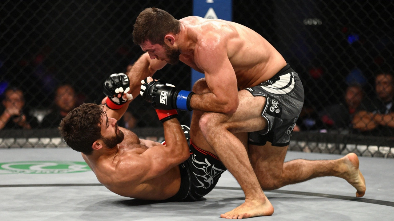 Two MMA fighters grappling and striking on the ground inside the Octagon during a match.