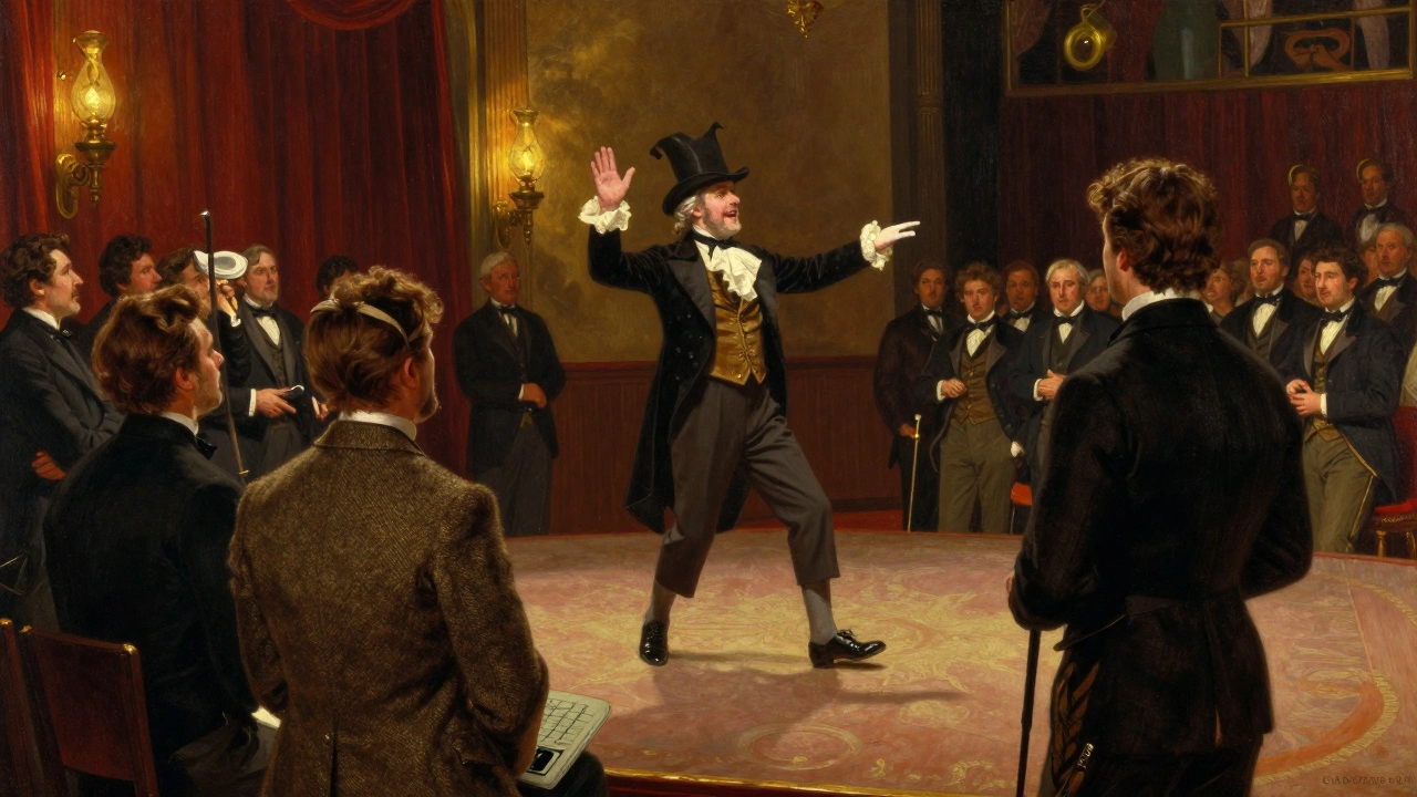 Victorian men watching a Bogey Man performance at a music hall