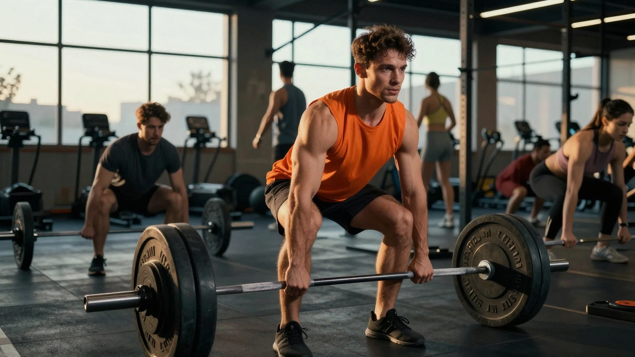 Young adult lifting weights intensely in a gym during golden hour lighting