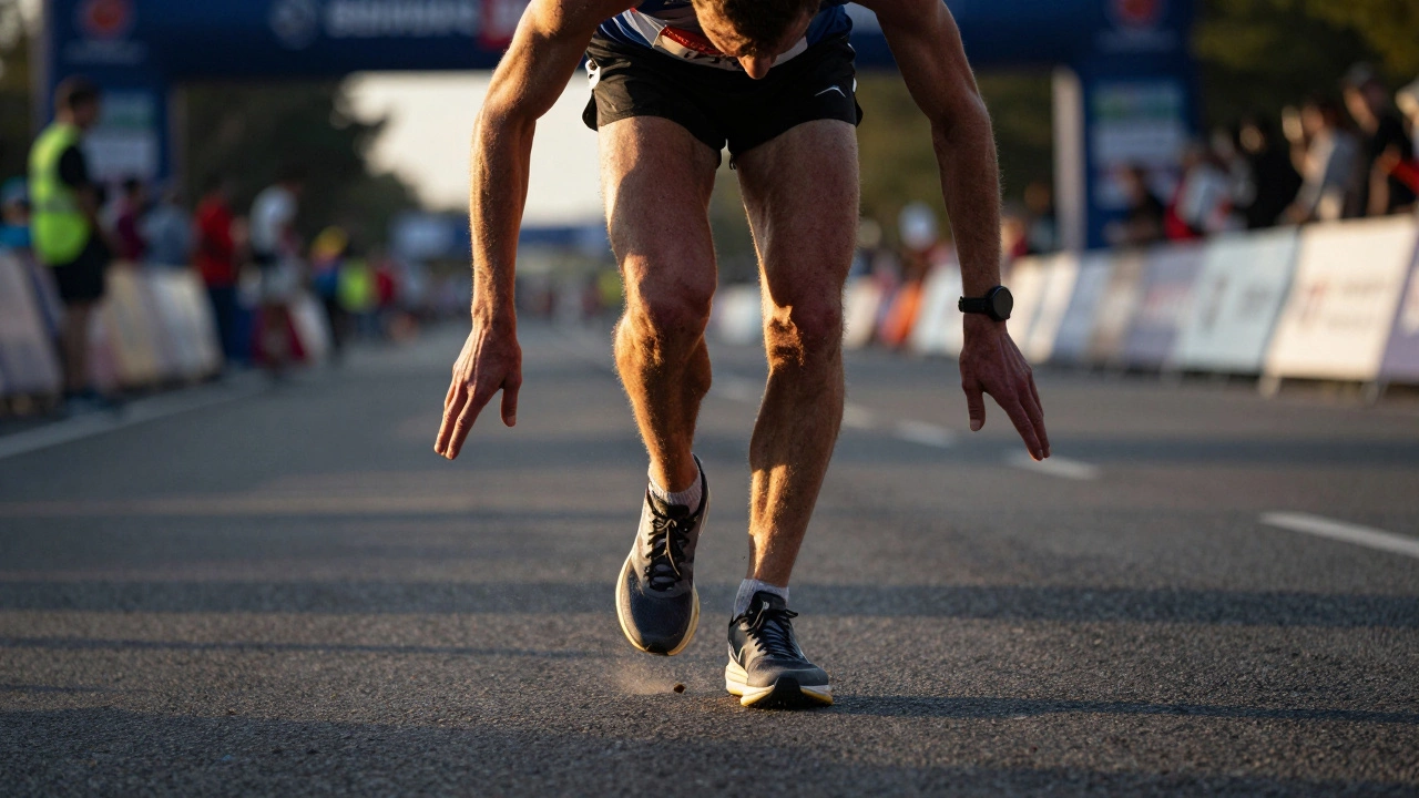 Close-up of runner's feet hitting pavement hard due to fatigue