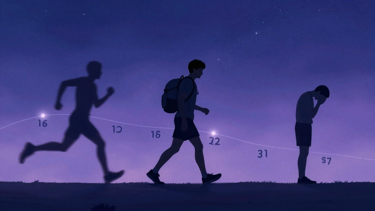Conceptual art showing different paces of marathon runners under a starry sky