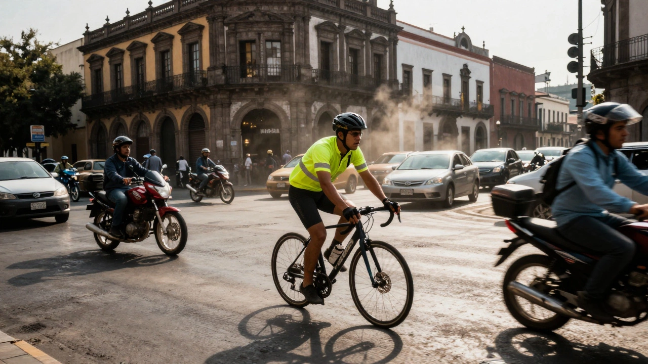 Cyclist navigating chaotic traffic in a busy Mexico City intersection