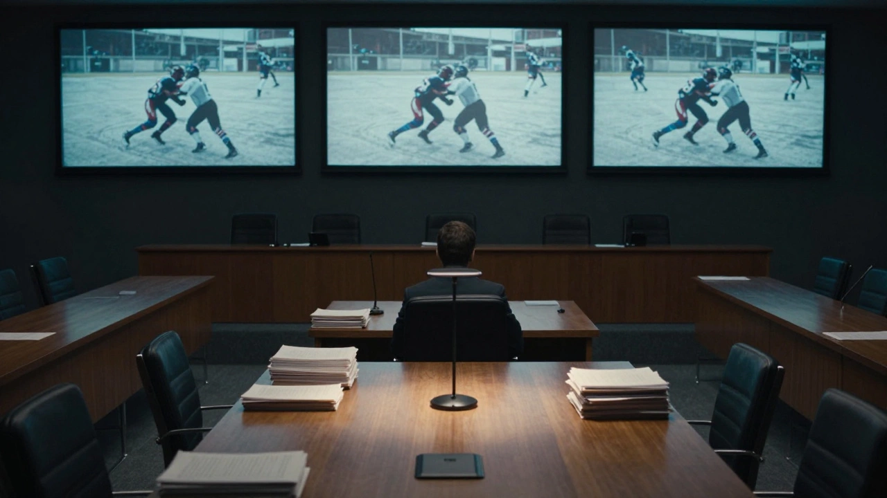 Empty disciplinary hearing room with video replay screens