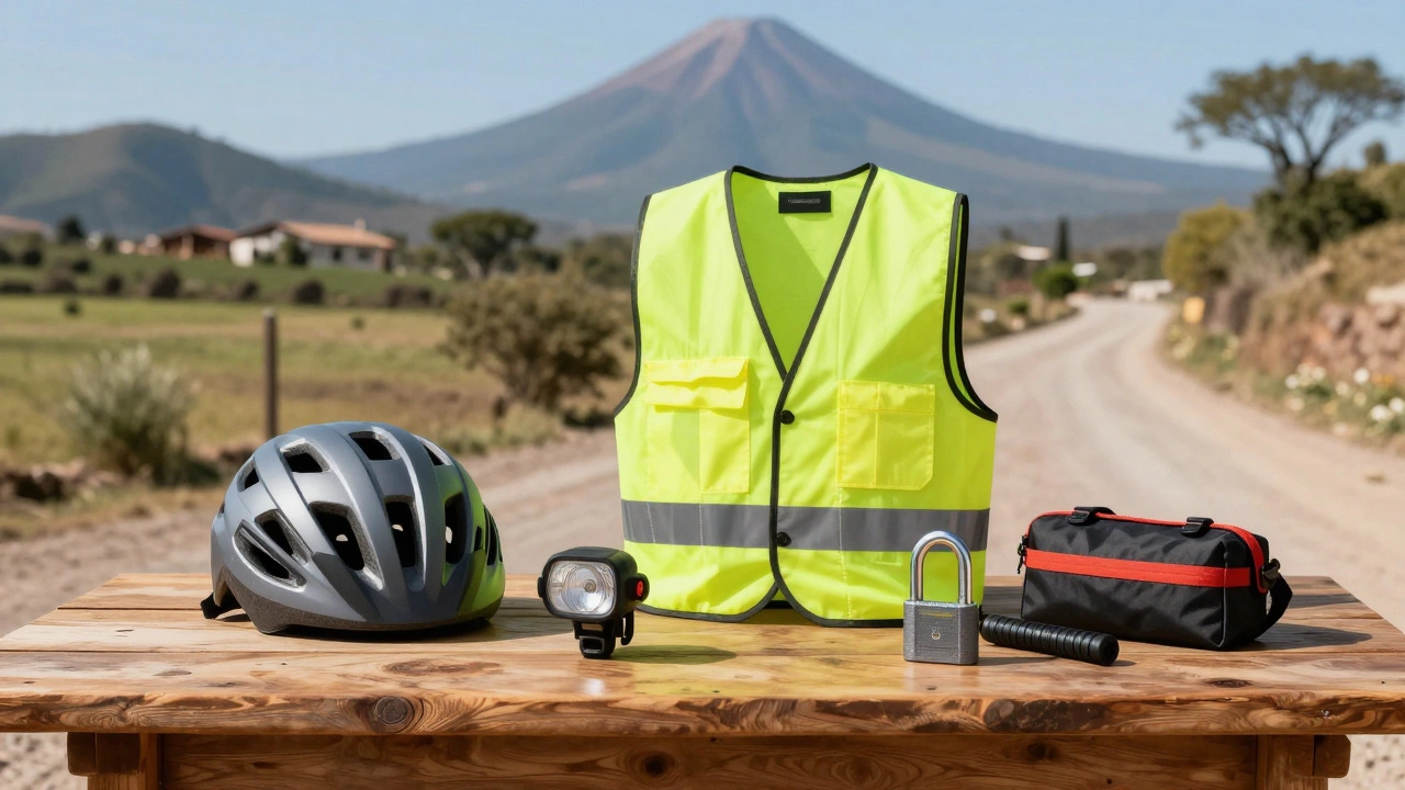 Essential cycling safety gear displayed with a rural mountain backdrop