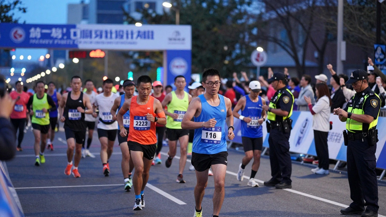 Exhausted marathon walkers approaching the finish line as officials check times