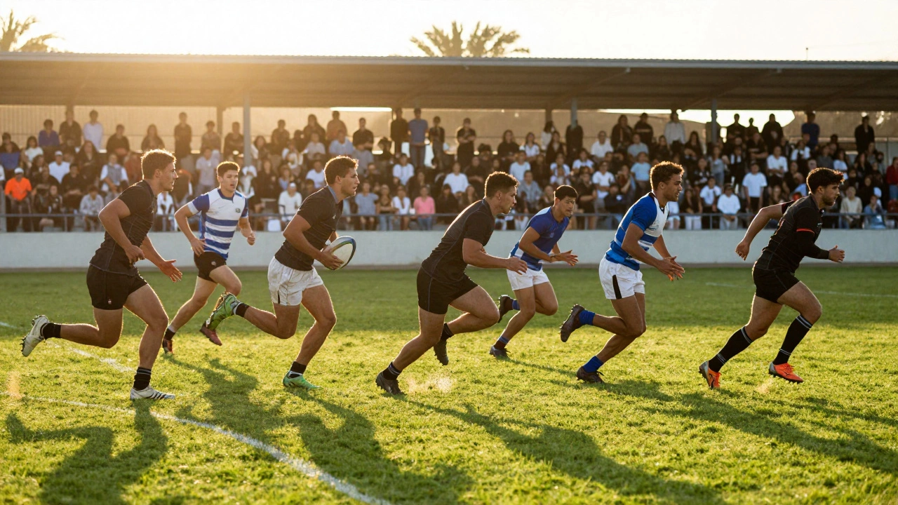 Fast-paced Rugby Sevens match with young fans cheering