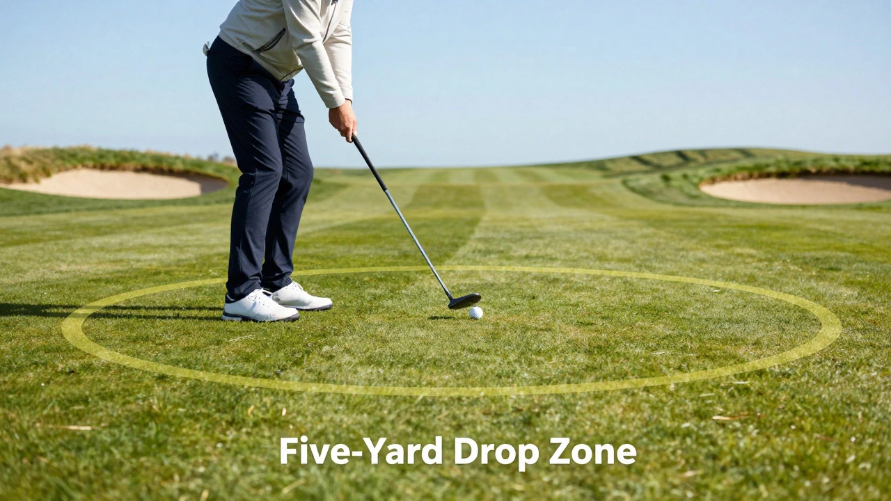 Golfer using five-yard drop zone rule on fairway