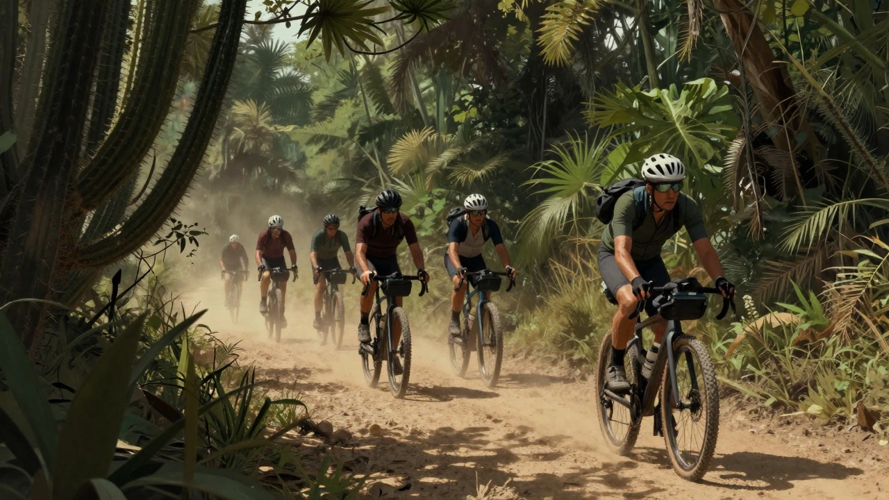 Gravel cyclists riding on a trail through Mexican jungle