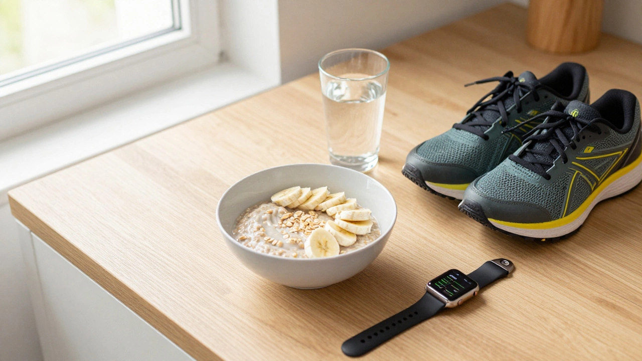 Healthy breakfast of oatmeal and banana next to running shoes and a watch