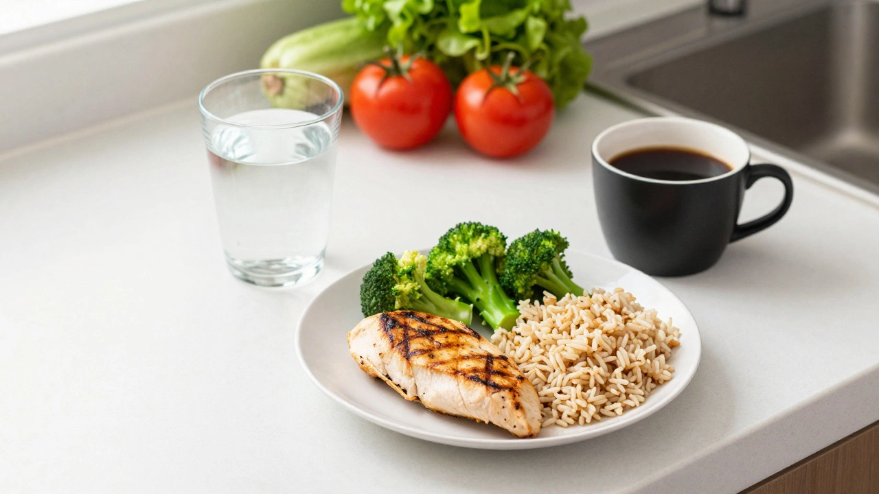 Healthy meal prep with protein, veggies, and water
