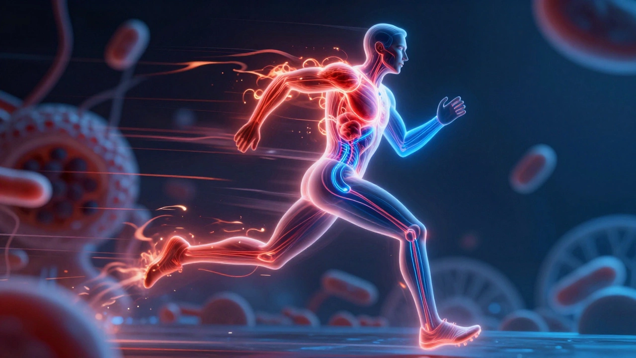 Illustration of a runner's body showing red anaerobic and blue aerobic energy systems