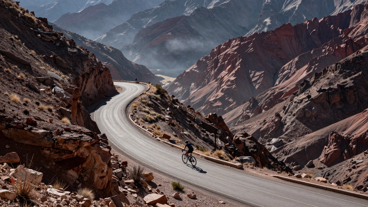 Lone cyclist climbing a steep road in Mexico's Copper Canyon