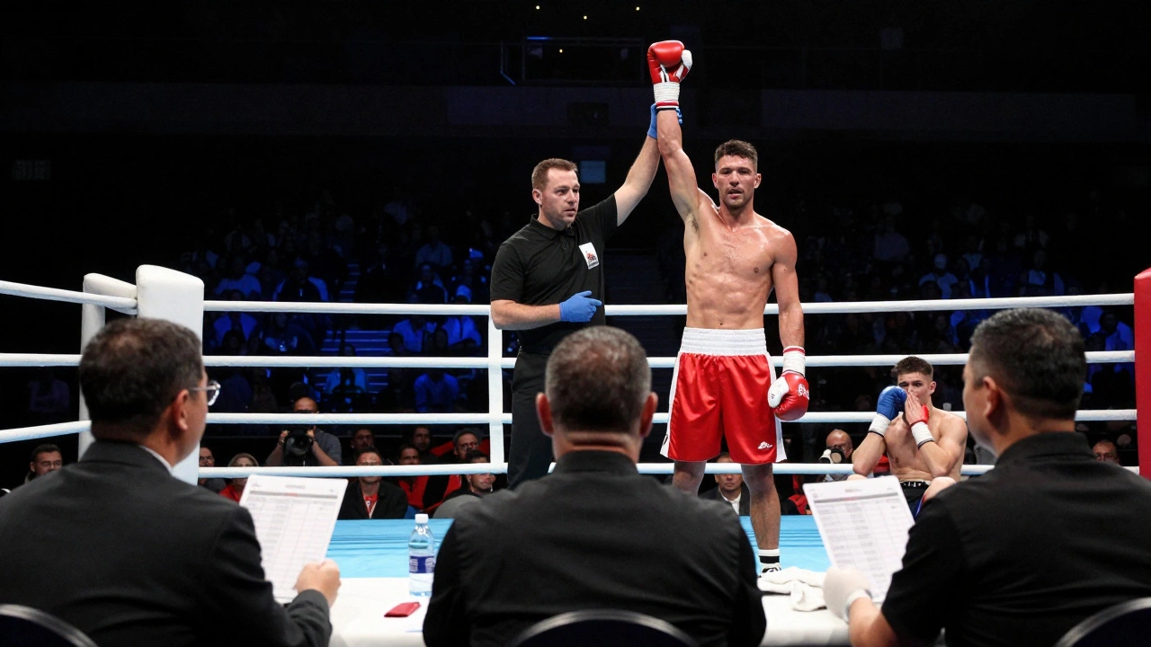 Referee declaring winner as judges hold scorecards in background