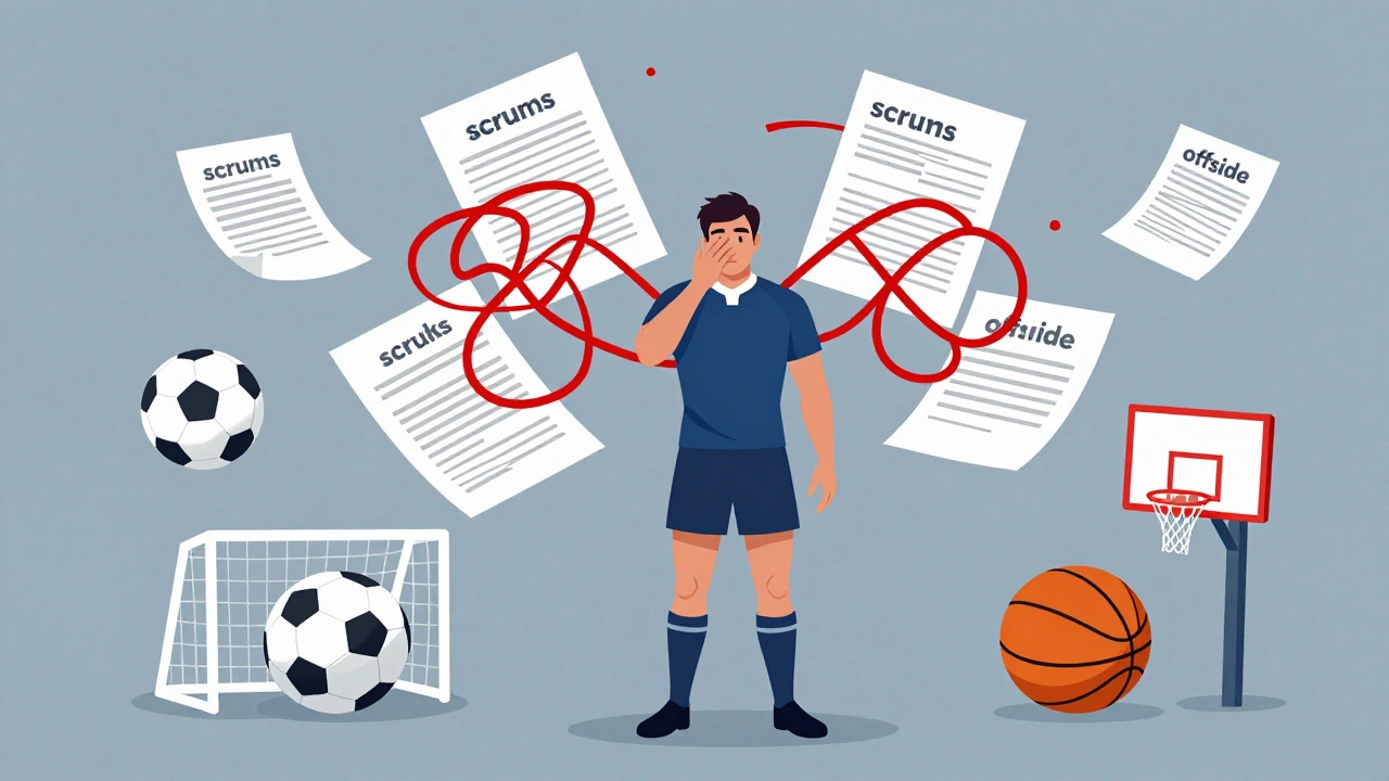 Rugby player surrounded by complex rule symbols vs simple sports