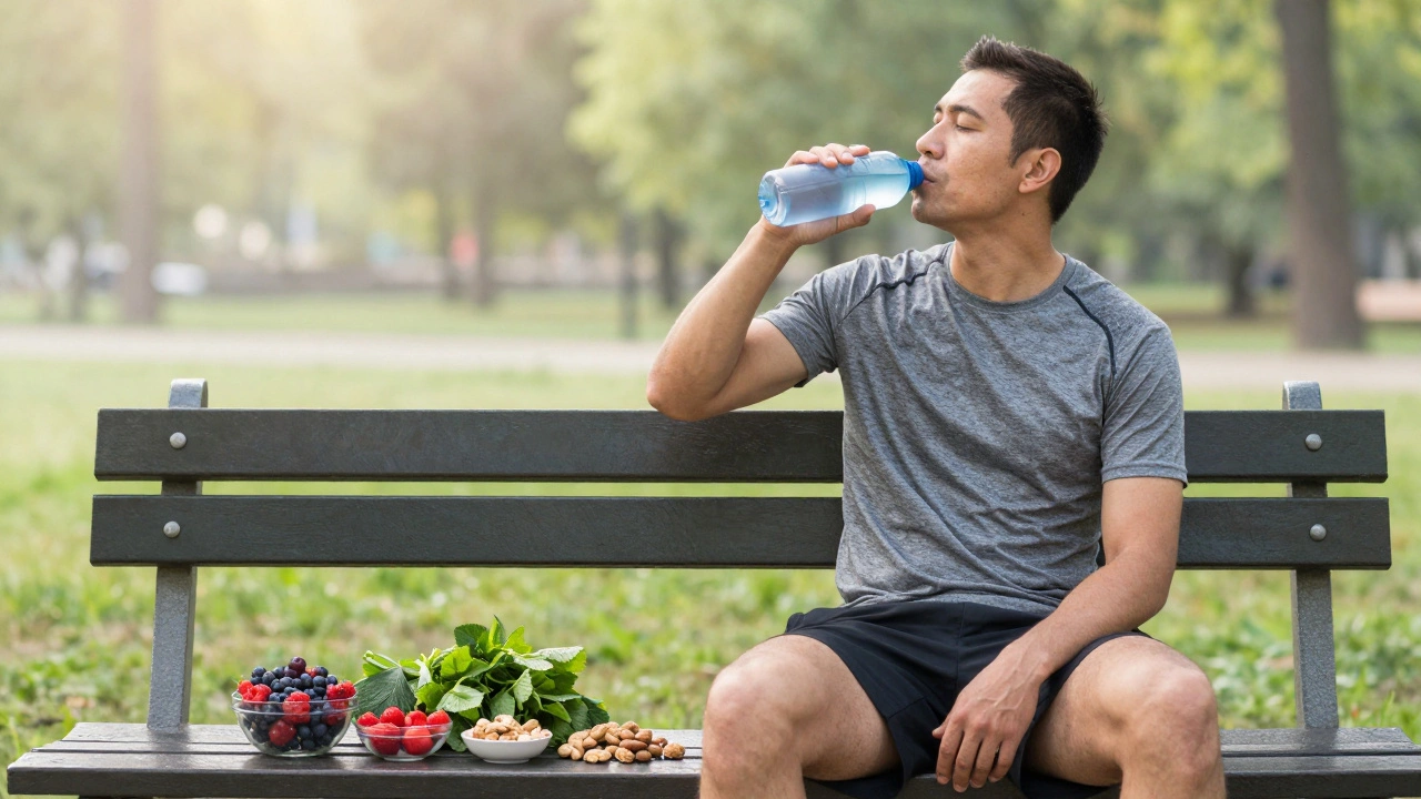Runner resting with healthy foods for recovery
