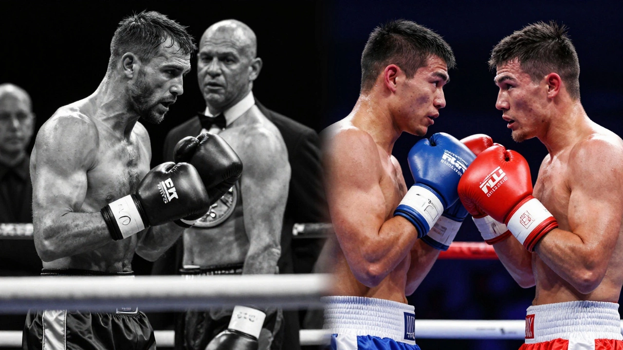 Split image comparing a gritty pro fight with a relaxed, colorful exhibition bout.