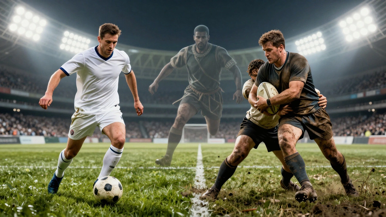 Split screen comparing modern soccer and rugby players side by side