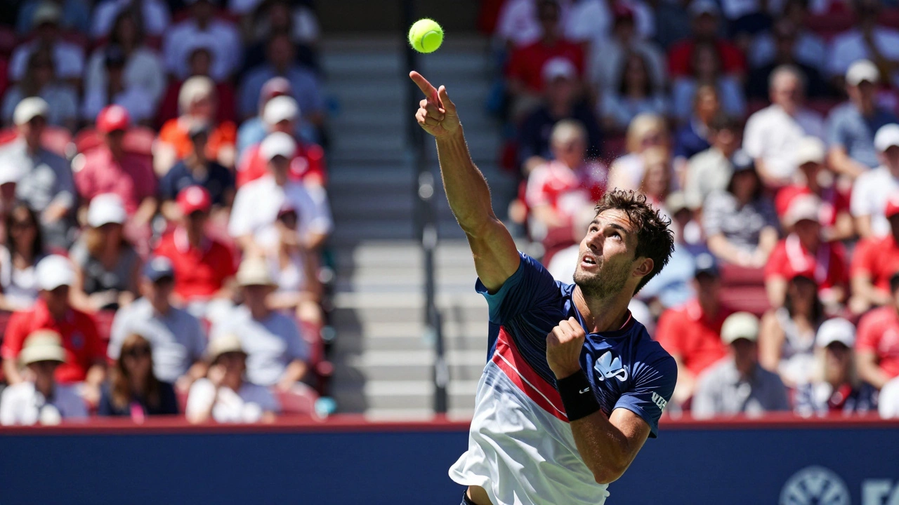 Tennis player serving on a hard court at the Rogers Cup