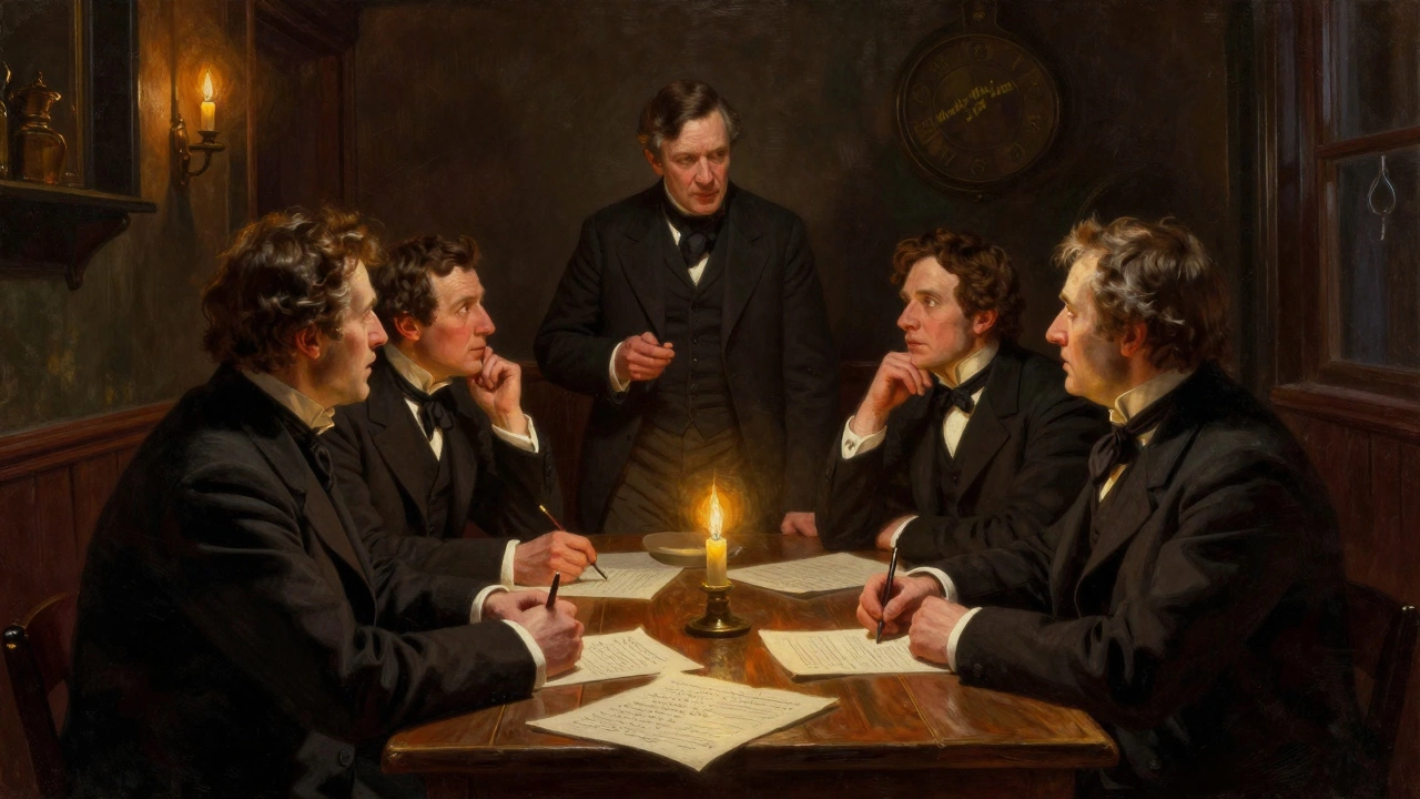Victorian gentlemen debating football rules at the Freemasons' Tavern