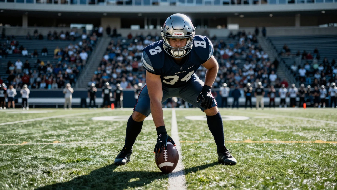 American football player in gear standing on a gridiron field at sunset