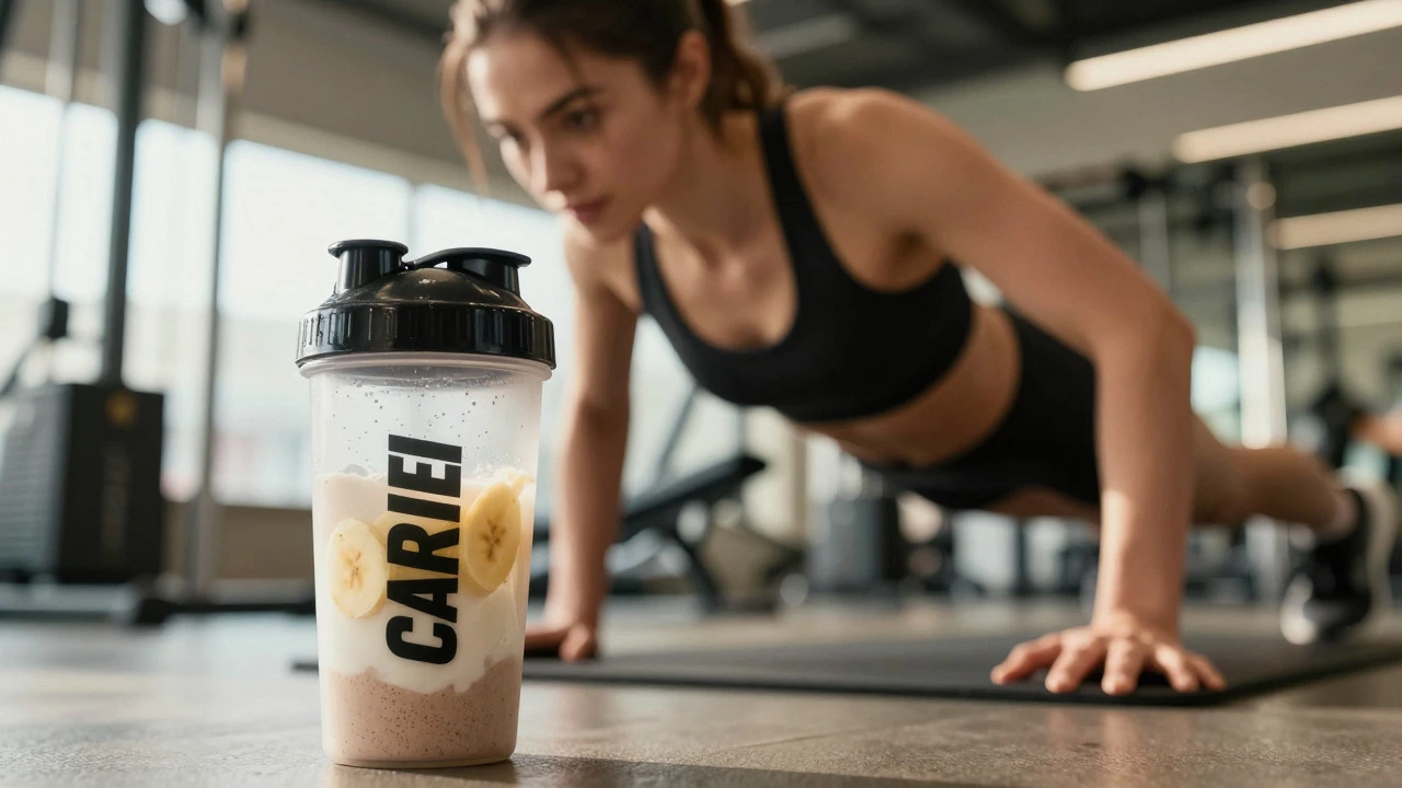 Athlete doing HIIT workout with a protein smoothie nearby, showing energy and hydration.