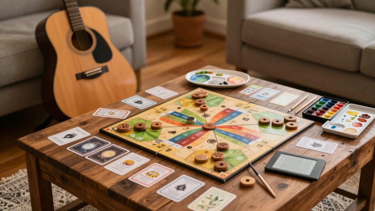 Board games, acoustic guitar, and art supplies on a wooden table indoors