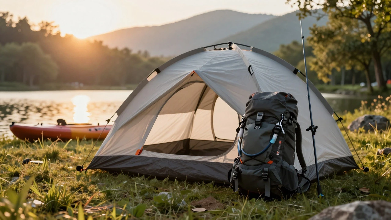 Camping tent, hiking backpack, and fishing rod on a grassy hill at sunset