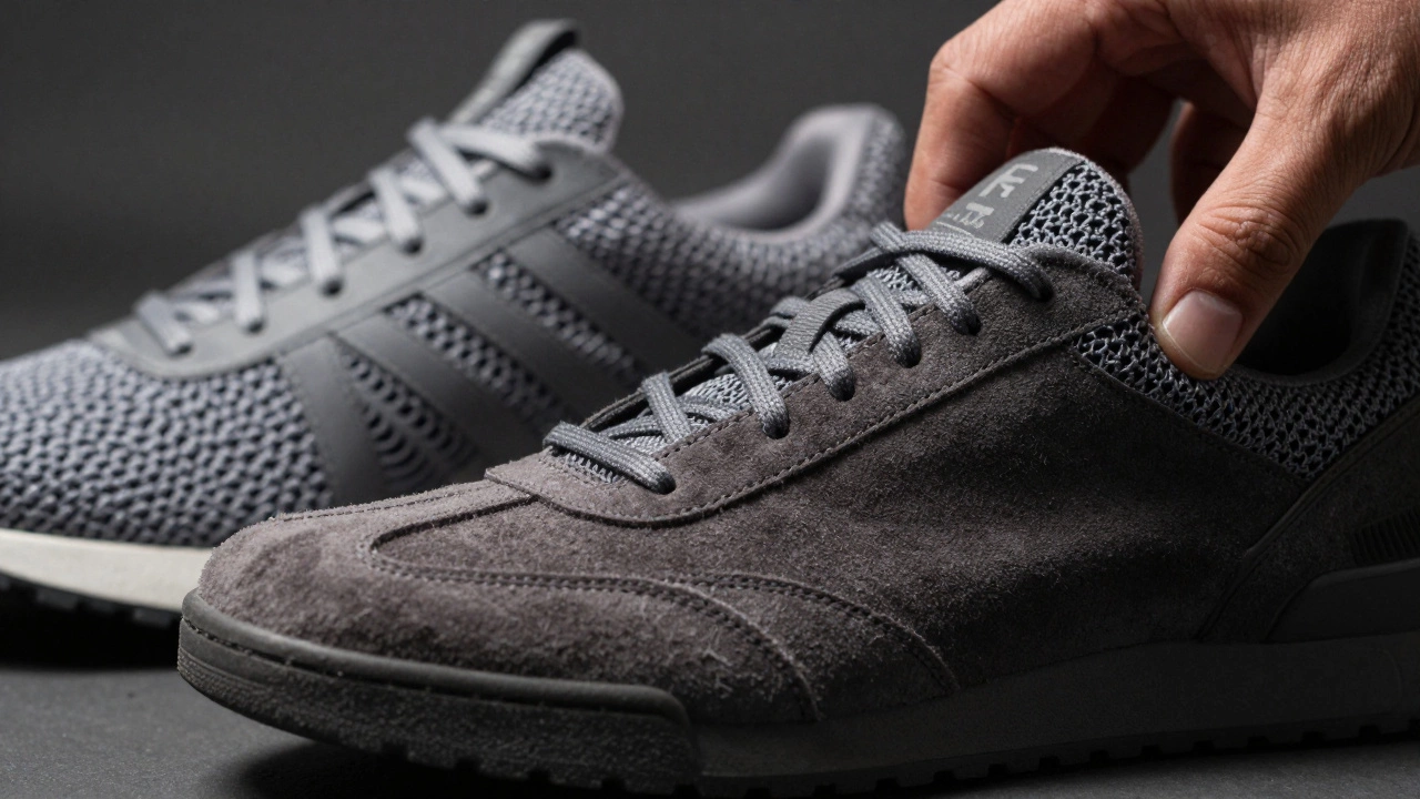 Close up comparing stiff fashion sneaker sole to flexible trainer