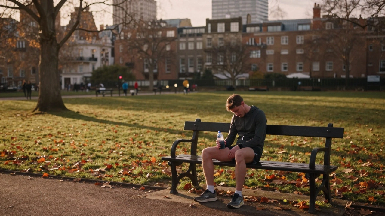 Exhausted runner resting on a park bench at sunset