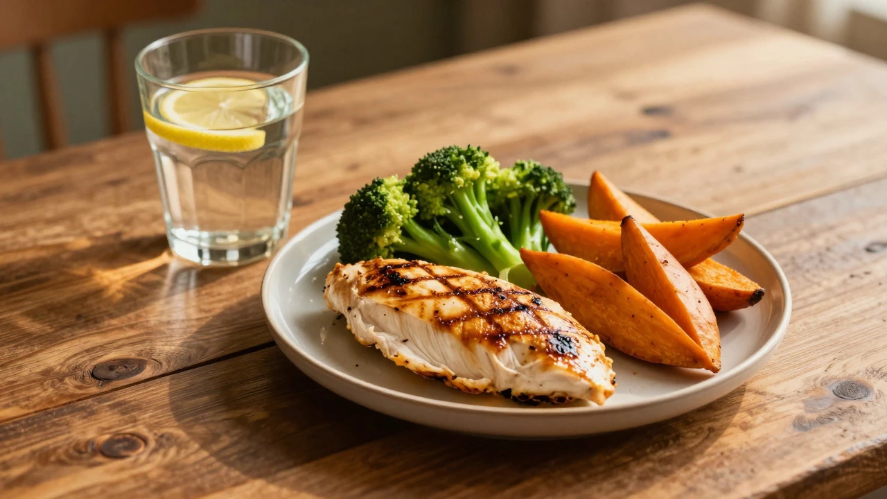 Grilled chicken, sweet potato, and veggies on a table, depicting post-workout recovery meal.