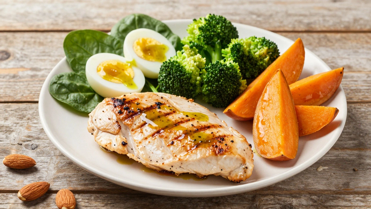 Healthy meal with chicken, broccoli, and sweet potatoes