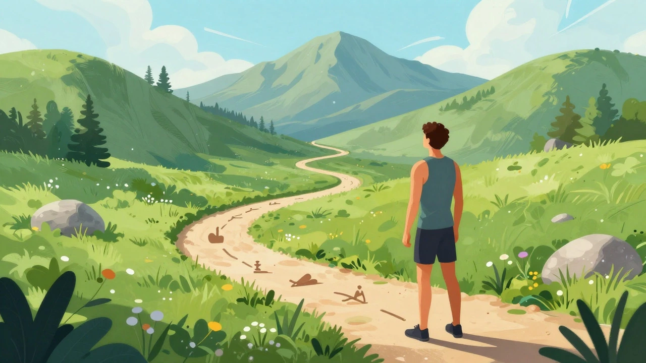 Illustration of a hiker on a path towards a mountain, symbolizing fitness journey
