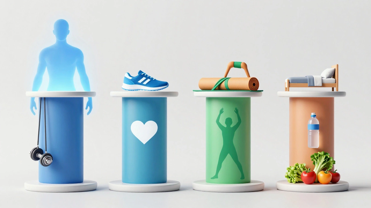 Illustration of four pillars supporting health: strength, cardio, flexibility, recovery