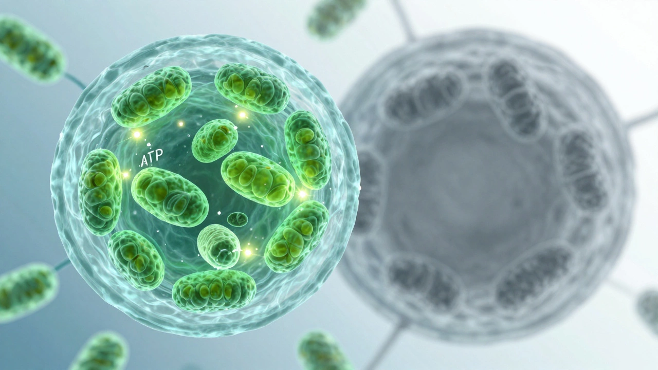 Microscopic view of glowing green mitochondria producing cellular energy