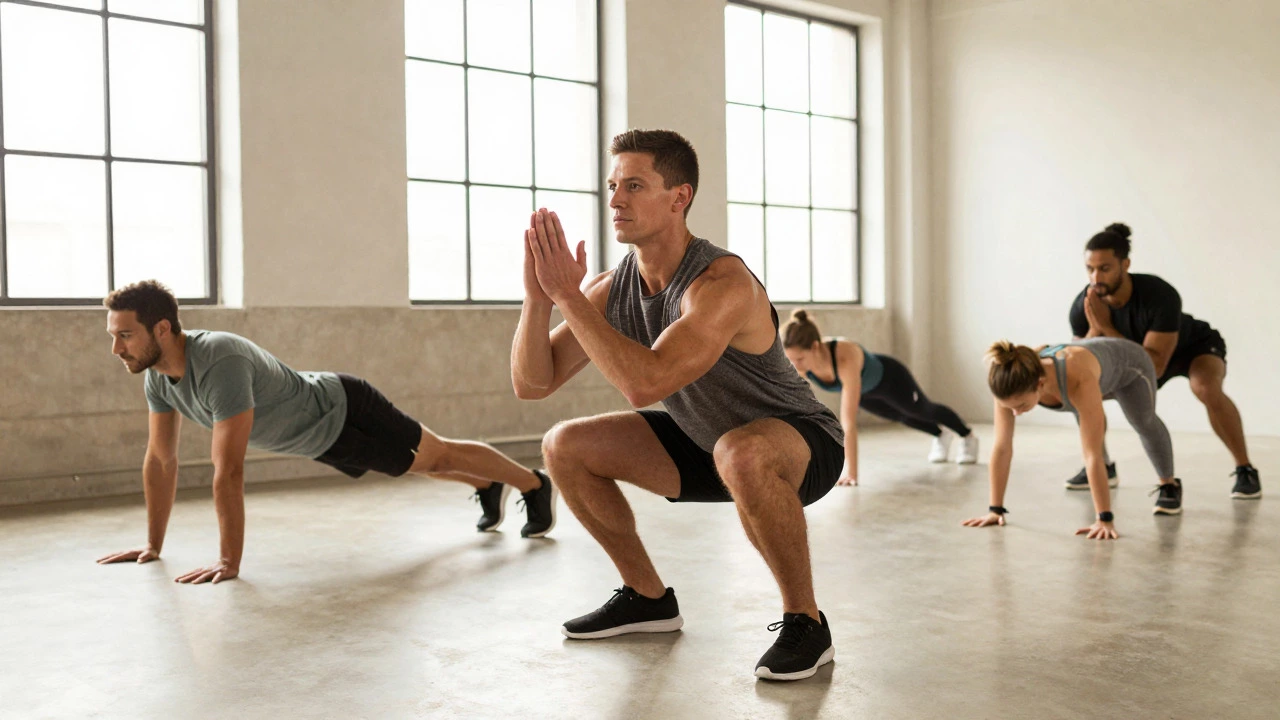 People doing functional bodyweight exercises like squats and planks in a studio