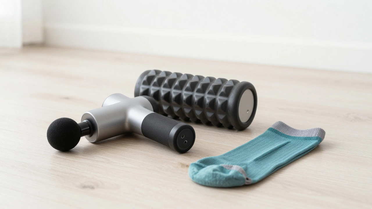 Percussion massager, foam roller, and compression socks on floor