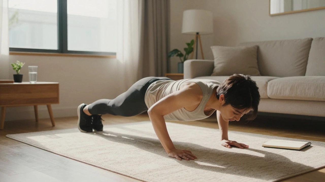 Person doing push-ups at home in a bright, comfortable living room