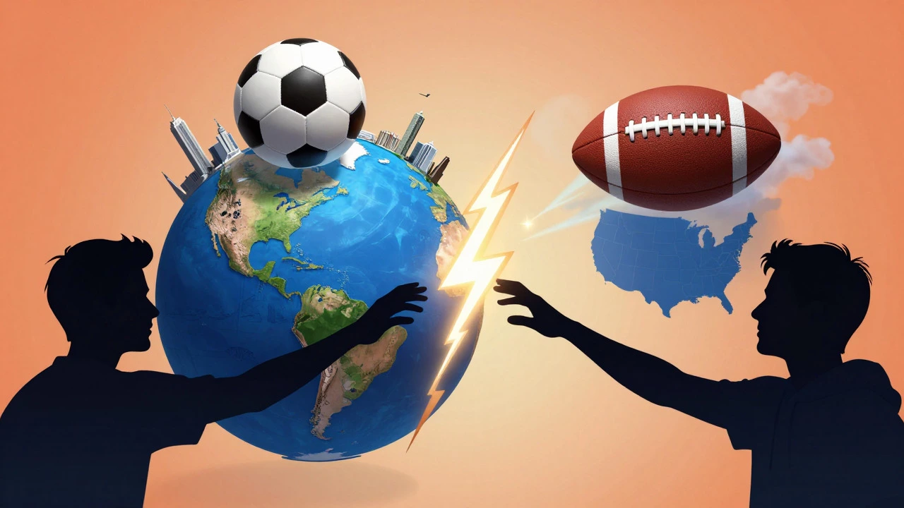Split globe showing soccer and American football balls with reaching hands