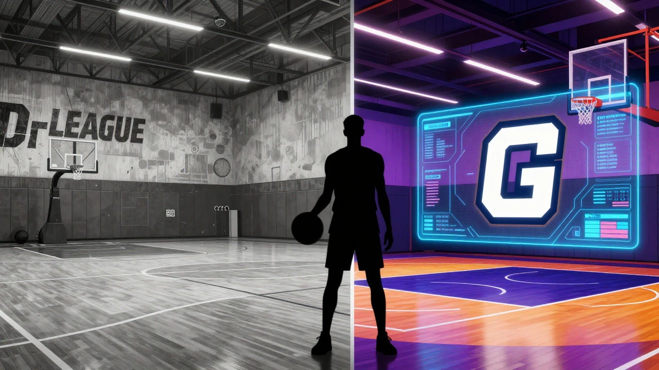 Split image contrasting old D-League gym with modern G League tech facility